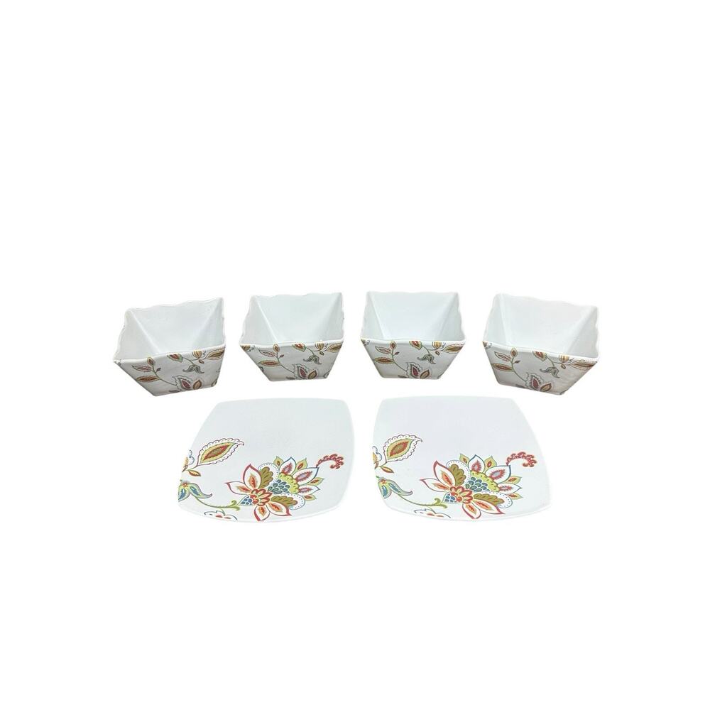 222 Fifth Jacobean Trail 2 Square Appetizer Plates & 4 Square Dip Dessert Bowls